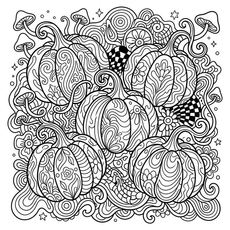 Explore a whimsical world where sweet pie pumpkins meet mesmerizing psychedelic art. This intricate coloring page is bursting with swirling patterns and whimsical details, offering a truly unique artistic escape.