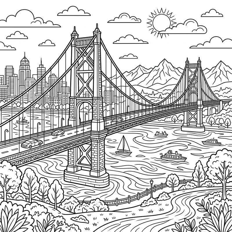 Embark on an artistic journey with this magnificent suspension bridge coloring page. Capture the grandeur of this architectural marvel, complete with bustling cityscapes, serene mountains, and flowing waters.