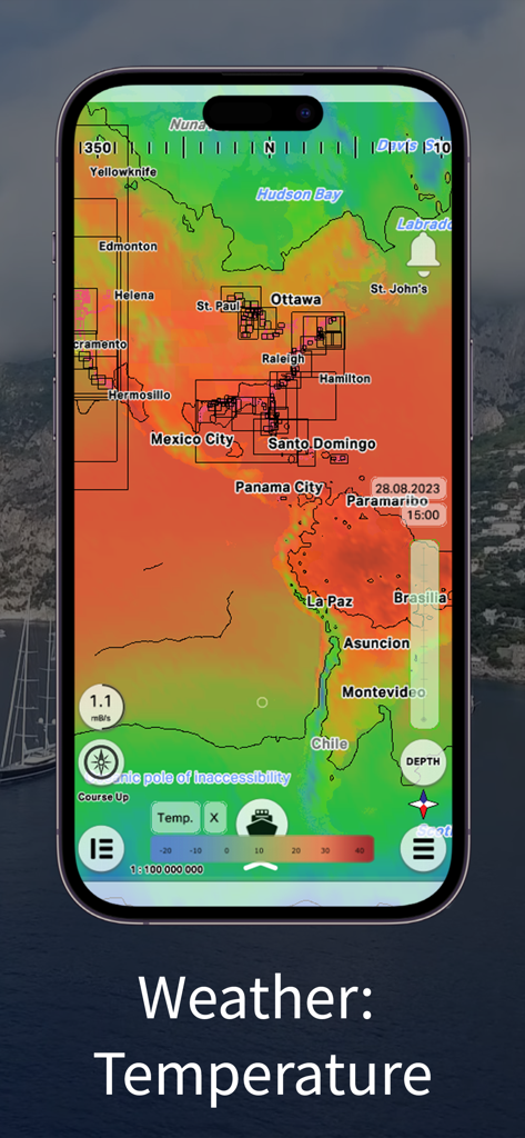 mKart Marine Navigation - Marine weather temperature heat map overlay on the mKart navigation app showing North and South America.