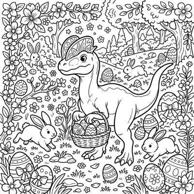 Discover a delightful coloring page featuring a friendly Dilophosaurus celebrating Easter amidst an egg hunt. This charming scene is filled with playful bunnies, festive eggs, and blooming flowers, ready for your creative touch.