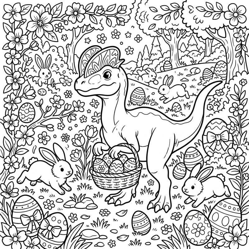 Discover a delightful coloring page featuring a friendly Dilophosaurus celebrating Easter amidst an egg hunt. This charming scene is filled with playful bunnies, festive eggs, and blooming flowers, ready for your creative touch.