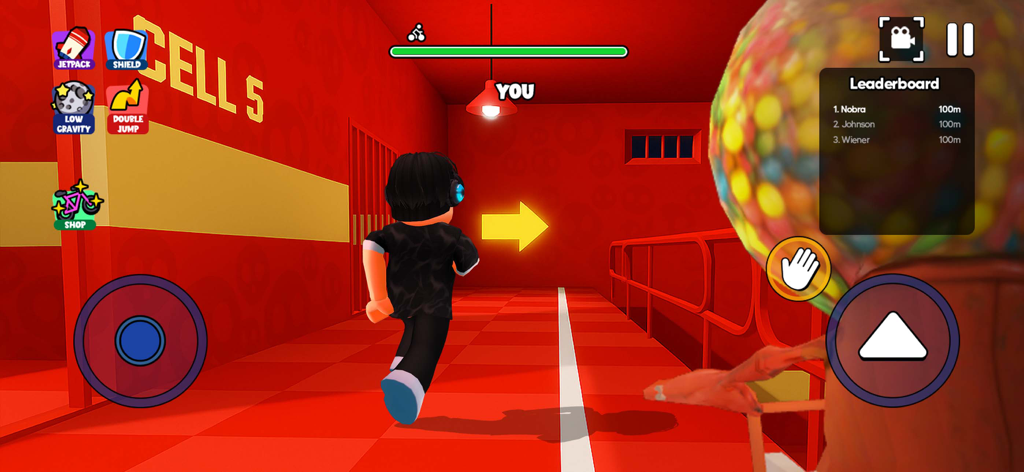 Personaje corriendo a través de un nivel de bloque celular rojo en Minijuegos Desafío Mundial