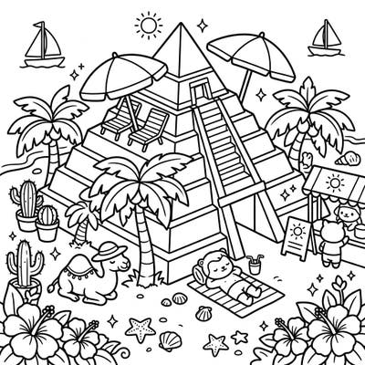 Embark on an unexpected journey with this unique coloring page, blending ancient pyramid tombs with a vibrant summer vacation scene. Discover charming characters, tropical flora, and beachy details ready for your creative touch.