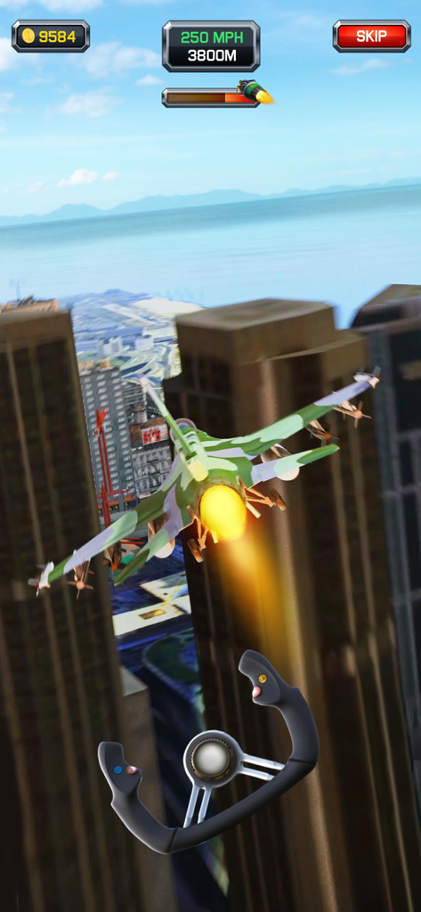 A camouflage fighter jet flying through a city with tall skyscrapers in Crazy Plane Landing.