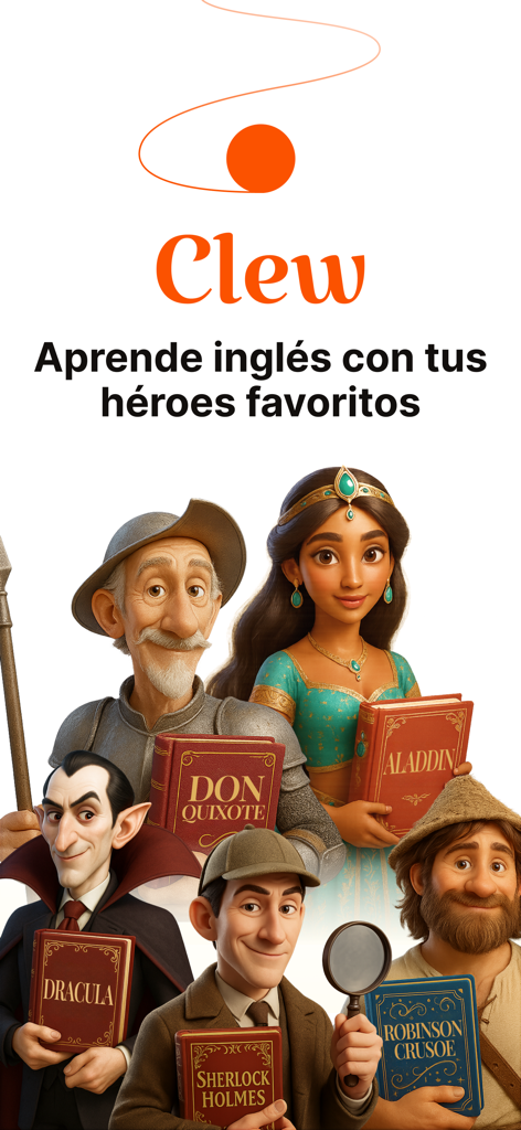 Clew: aprende inglés leyendo - Clew app promotional image featuring animated characters like Sherlock Holmes and Dracula holding books to learn English