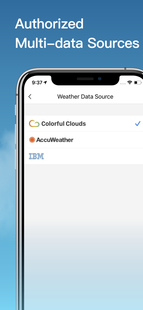 Weather- NOAA Weather Radar - Pantalla de smartphone mostrando fuentes de datos meteorológicos autorizadas, incluyendo AccuWeather e IBM para pronósticos precisos