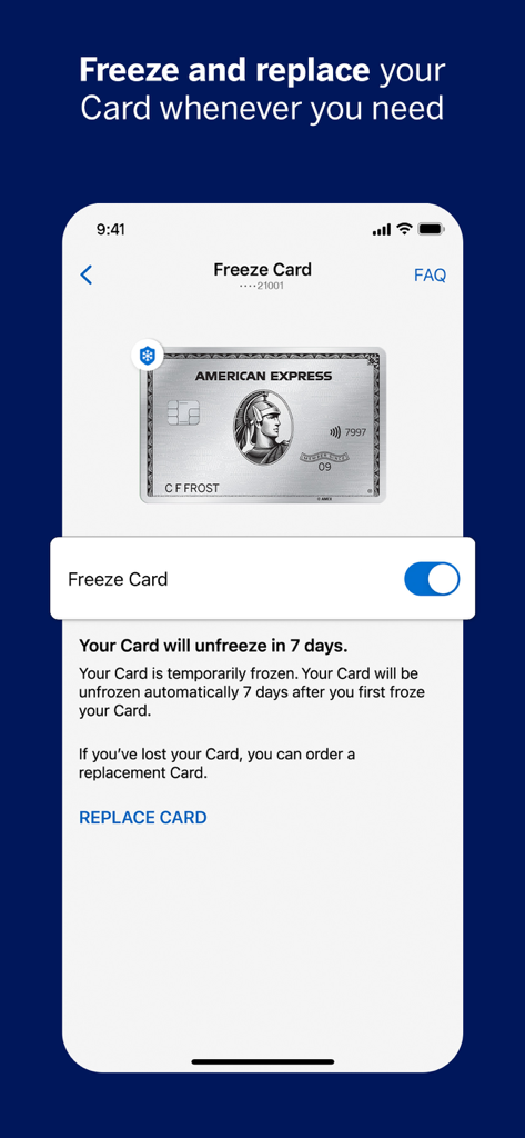 Captura de tela do aplicativo móvel Amex mostrando o recurso de bloquear cartão com uma opção para substituir um cartão perdido.