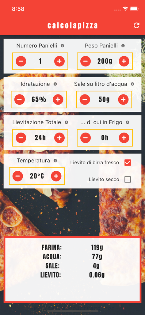 calcolapizza - Mobile app interface of Calcolapizza showing precise ingredient measurements and fermentation settings for pizza dough