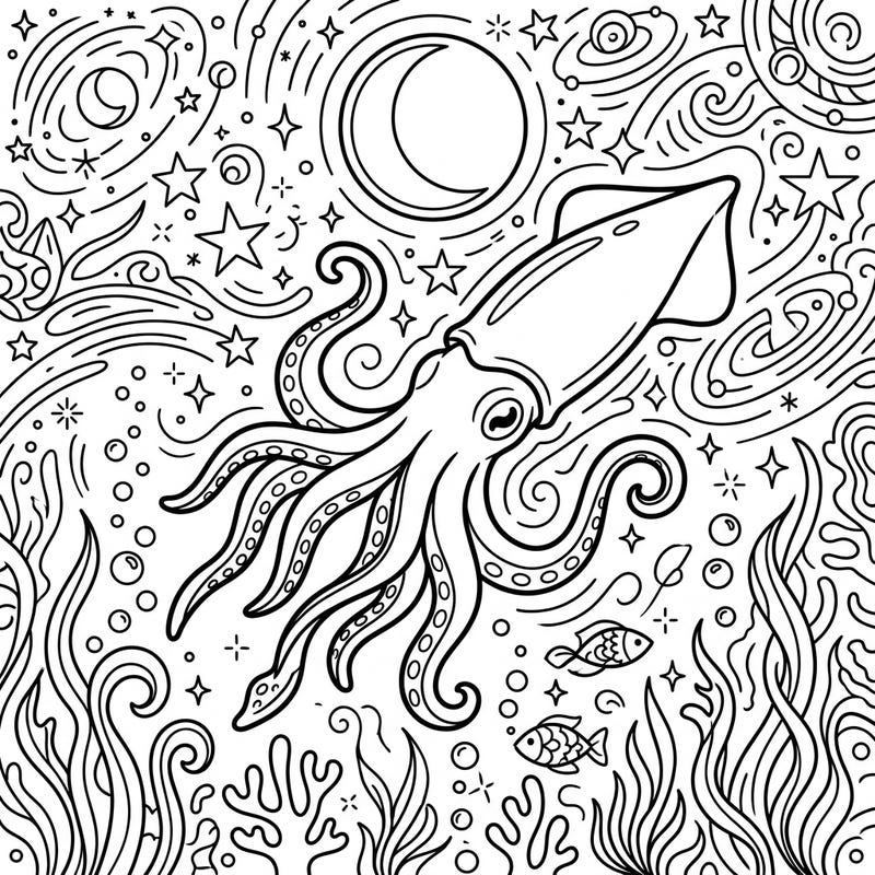 Unfurl your creativity with this enchanting European Squid coloring page, set against a mesmerizing night-time underwater world. Discover a tranquil scene filled with celestial patterns and graceful marine life waiting for your vibrant touch.