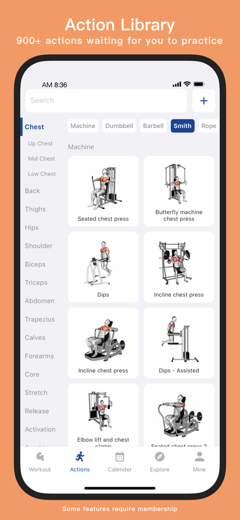 Tela da biblioteca de exercícios do aplicativo KeepStrong mostrando exercícios de peito com filtros de equipamento