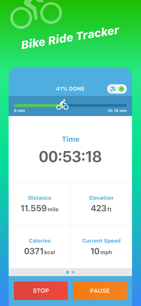 Bike Ride Tracker app interface showing distance, elevation, calories, and speed during a cycling session