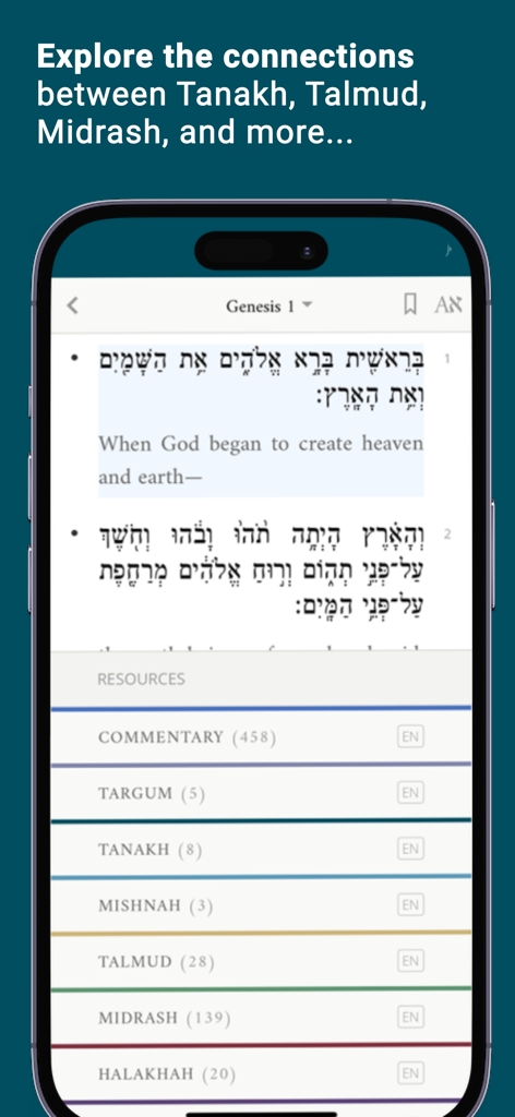 Sefaria: Jewish Texts Library - Écran de l'application Sefaria montrant Genèse 1 en hébreu et en anglais avec un menu de catégories de ressources religieuses associées.