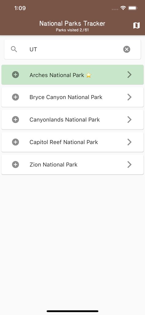 National Parks Tracker - List of National Parks in Utah within the National Parks Tracker app showing visited status