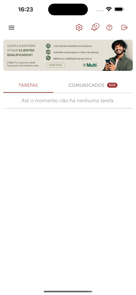 Canal Lojista - Canal Lojista app interface displaying the empty tasks tab and a promotional banner for store managers