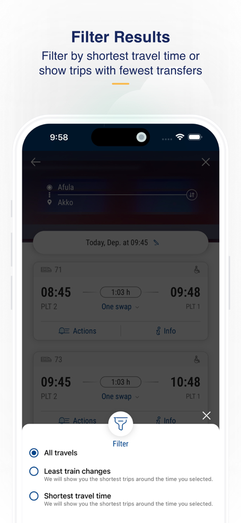 רכבת ישראל - Israel Railways - Interfaccia dell'app Israel Railways che mostra i risultati del filtro per tempo di percorrenza più breve o minor numero di trasferimenti