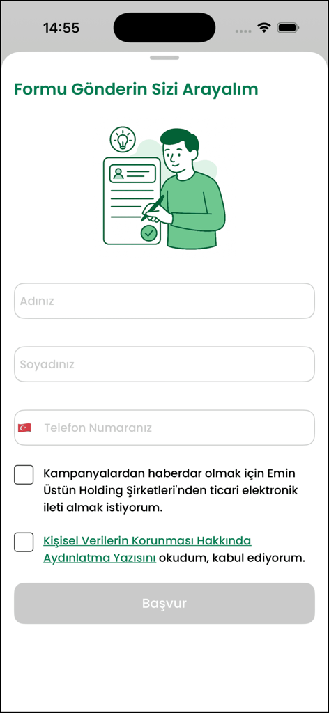 A contact form in the Eminevim mobile app where users can enter their details to request a callback for interest-free financing.