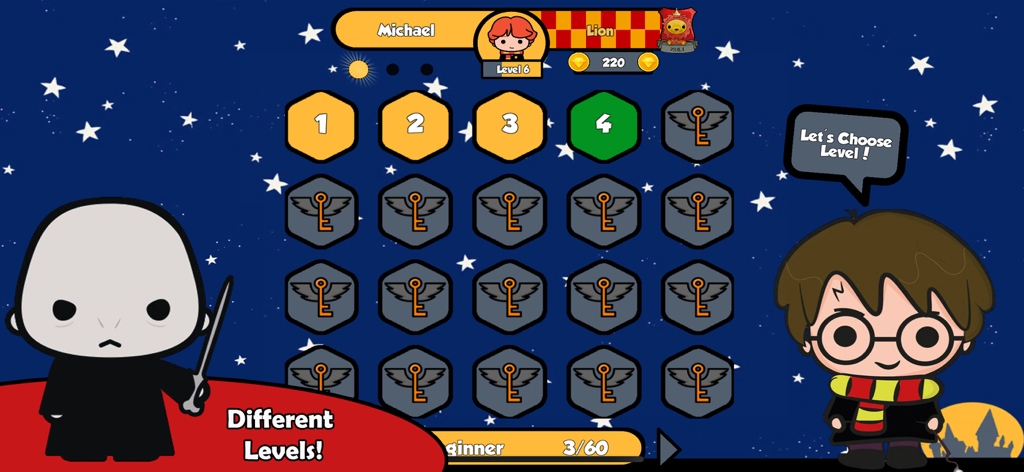 HP Wizarding Quiz - Pantalla de selección de nivel de Cuestionario de Magos HP con personajes de magos de dibujos animados