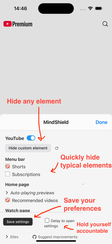 Interface of the No Distractions for YouTube Safari extension showing settings to hide shorts, recommended videos, and custom elements to improve focus.