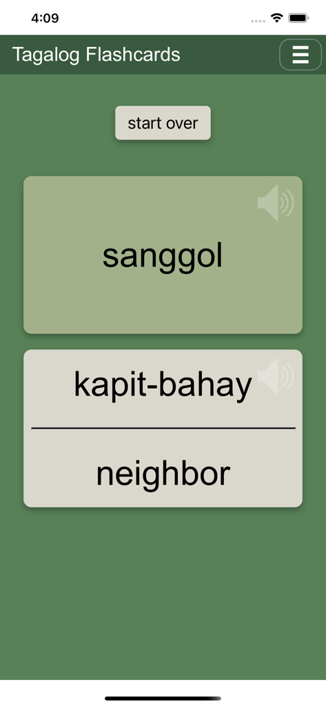 Speak Tagalog (Filipino) - Interfaz de la aplicación Speak Tagalog que muestra tarjetas de memoria filipinas para practicar vocabulario.