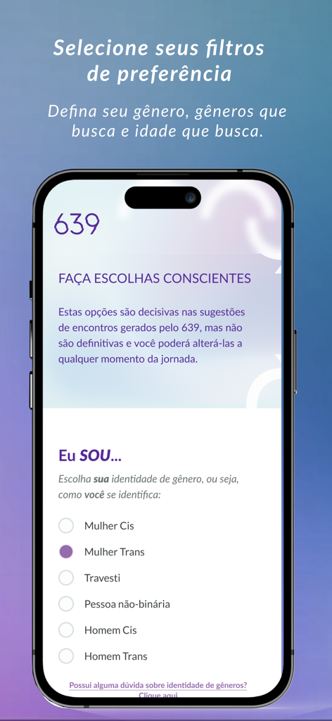 639App - ユーザープロフィールのための包括的な性自認選択オプションを示す639Appのインターフェース。