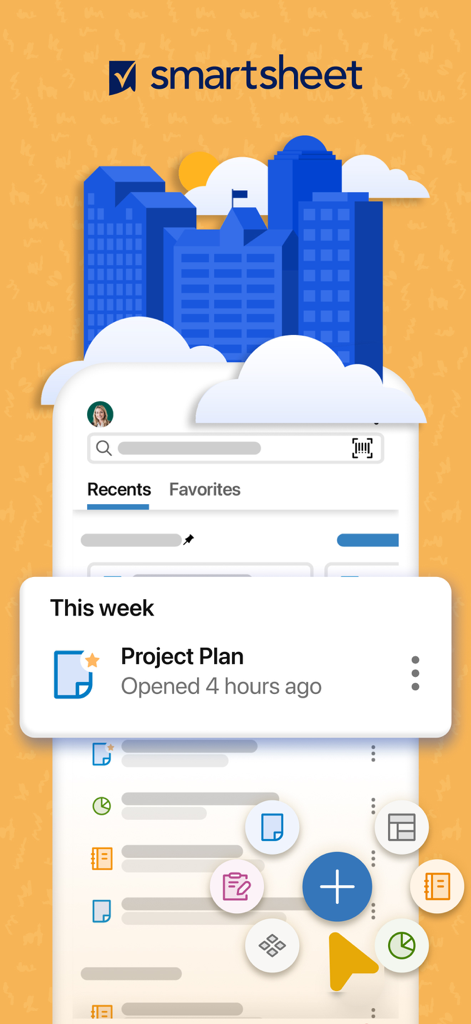 Interfaz de la aplicación móvil Smartsheet que muestra un plan de proyecto y atajos de gestión de tareas