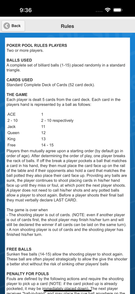 Detailed game rules and instructions screen for the Poker Pool Scorecard app