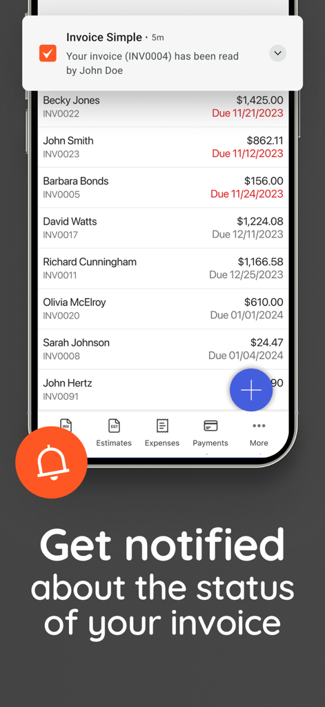 Invoice Simple: Invoice Maker - A smartphone screen showing an Invoice Simple push notification for a read receipt above a list of pending invoices.