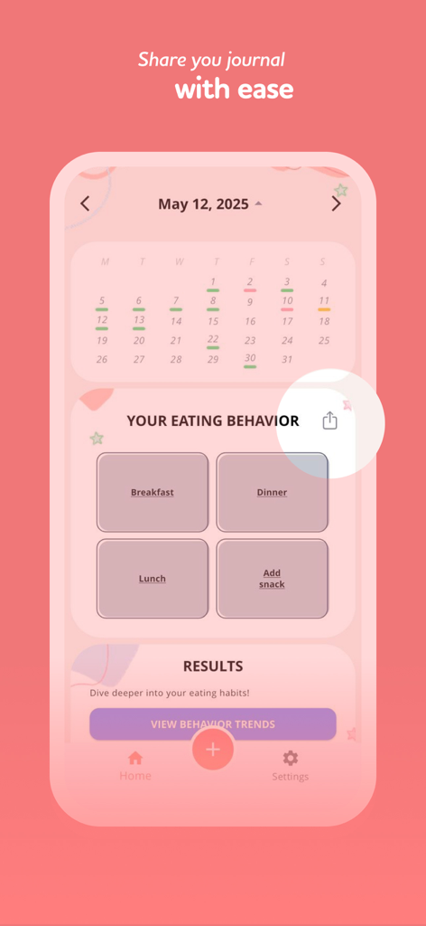 I feel food - mindful eating - Una captura de pantalla de la aplicación I feel food que muestra un calendario y un diario de comportamiento alimentario con un resaltado en la función de compartir.