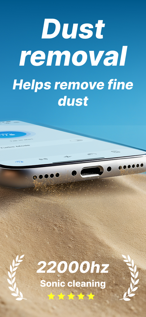 Función de eliminación de polvo de Clear Wave con limpieza sónica de 22000 Hz en un smartphone