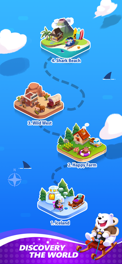 Catch Tiles - Piano Game - Carte du monde du jeu Catch Tiles Piano montrant la progression à travers les niveaux Islande, Happy Farm, Wild West et Shark Beach.