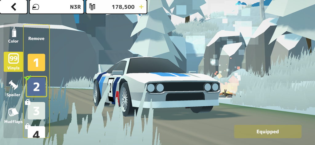 N3Rally - N3Rally car customization menu showing vinyl options and a white rally car in a snowy environment
