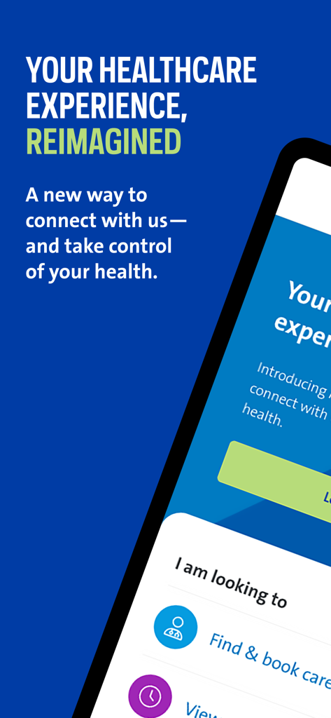 MyNorthwell app home screen with the tagline Your healthcare experience reimagined and options to book care.