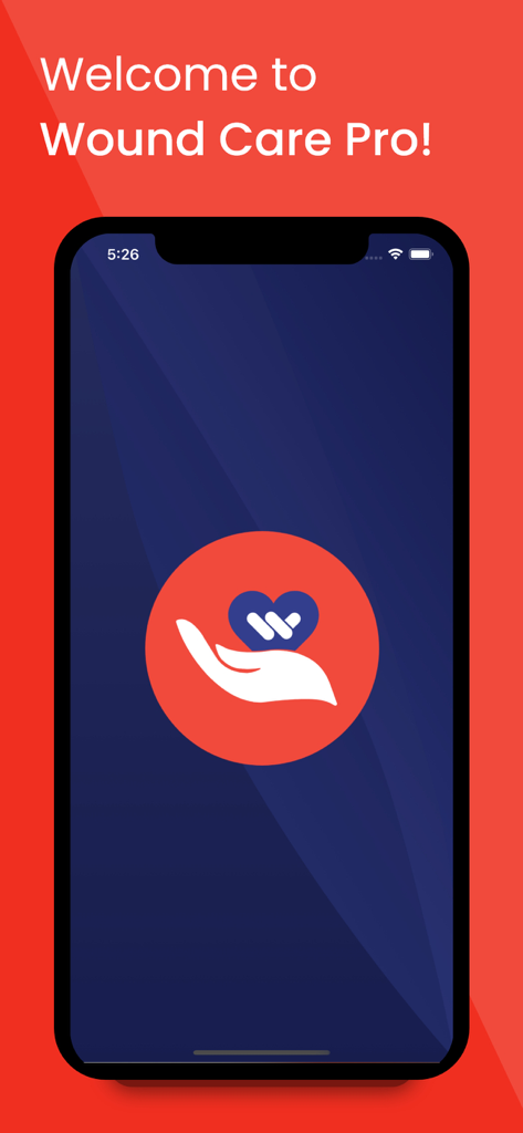 Wound Care Pro - Wound Care Proアプリのウェルカム画面。ハートと手のロゴが表示されています。