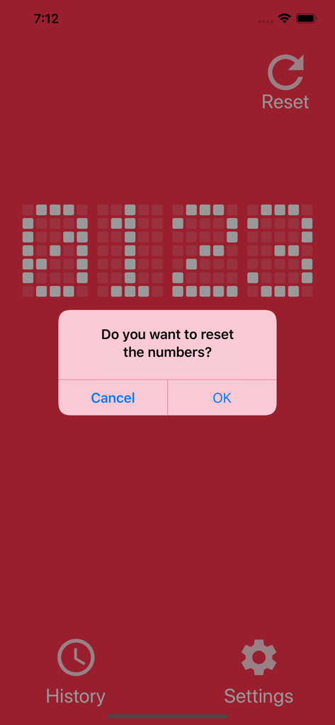 Tally Counter DIGITAL - Interfaz de la aplicación Tally Counter DIGITAL que muestra un mensaje de confirmación de reinicio en una pantalla LED roja.