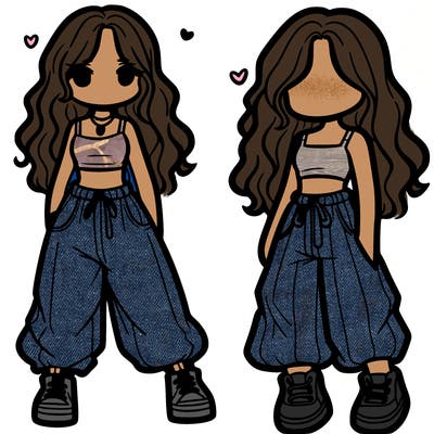 girl in baggy pants crop top and long hair