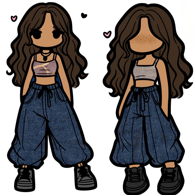 girl in baggy pants crop top and long hair