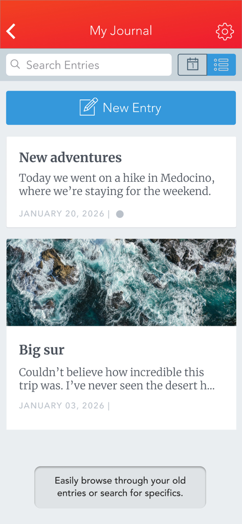 Interface of Penzu app showing a list of digital journal entries with search and new entry features.