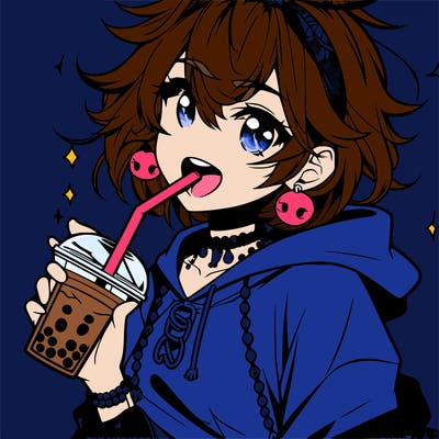 hot baddie anime girl drinking boba and biting the straw
