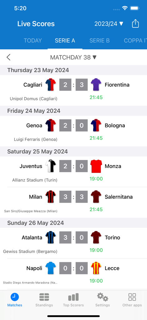 Live Scores for Serie A App - イタリアのセリエAライブ試合結果とスコアがモバイルアプリに表示されています