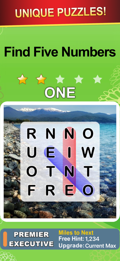 Word Search World Traveler - A unique number-themed puzzle in the Word Search World Traveler mobile game featuring a scenic mountain landscape background.