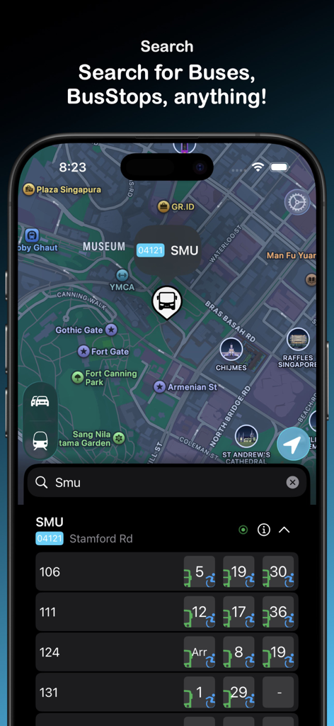 BusSing: SG Bus Arrival Times - BusSing app interface showing a map of Singapore with bus stop locations and real-time arrival times for SMU