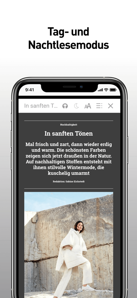 BRIGITTE - Das Frauenmagazin - Smartphone affichant l'application du magazine BRIGITTE en mode nuit avec un article de mode
