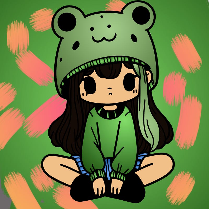 a girl wearing a frog hat and some frog socks