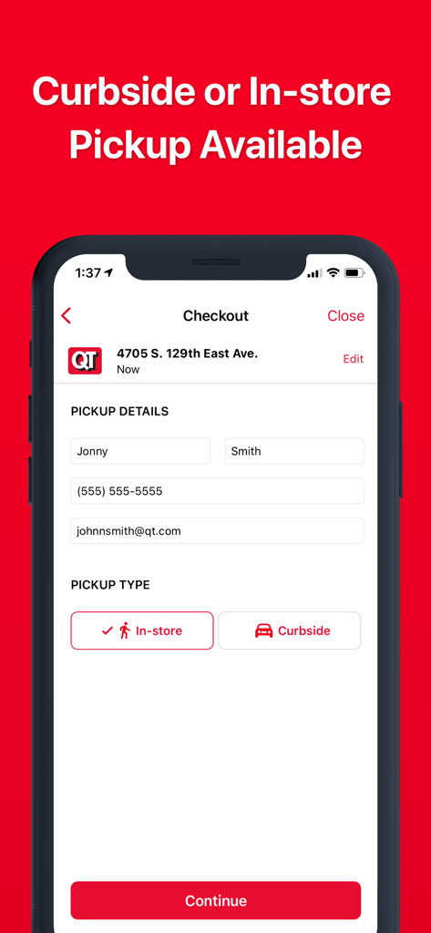 QuikTrip: Coupons, Fuel, Food - Checkout screen for QuikTrip app showing options for curbside or in-store pickup.