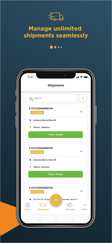 iCARRY - iCARRY app interface showing a list of active shipments with tracking details and status