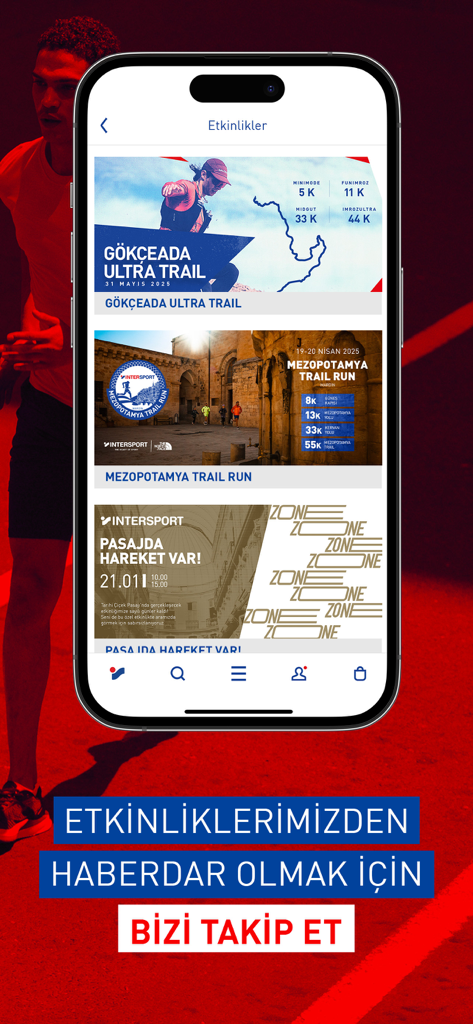 Intersport app screen displaying local sports events and ultra trail runs.