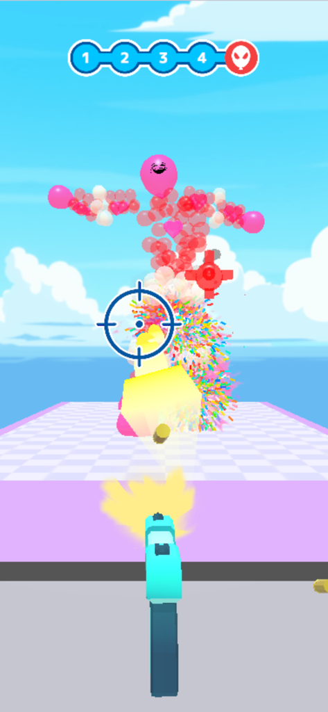 Balloon Crusher: Shoot’em all - A first-person view of a player shooting a giant character made of balloons in a hyper-casual mobile game.
