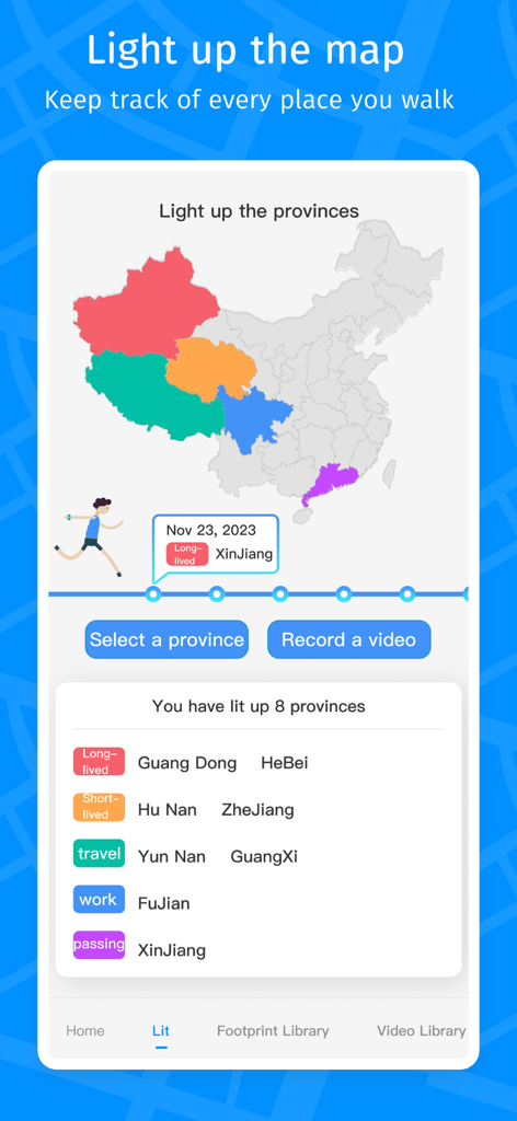 Travel Map:Journeys Route Plan - Pantalla de la aplicación móvil que muestra provincias visitadas resaltadas en un mapa con categorías de viaje