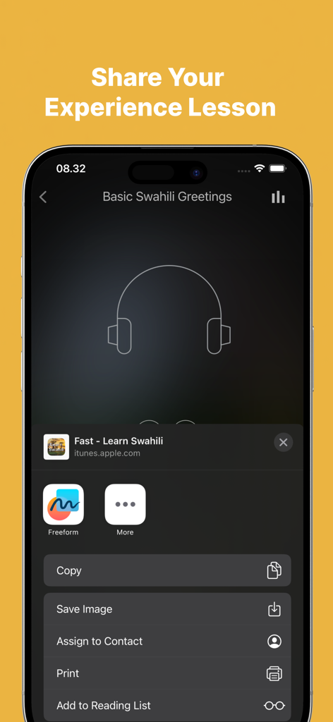 Fast - Learn Swahili Language - Smartphone screen showing the sharing options for a Swahili greetings audio lesson within the app interface