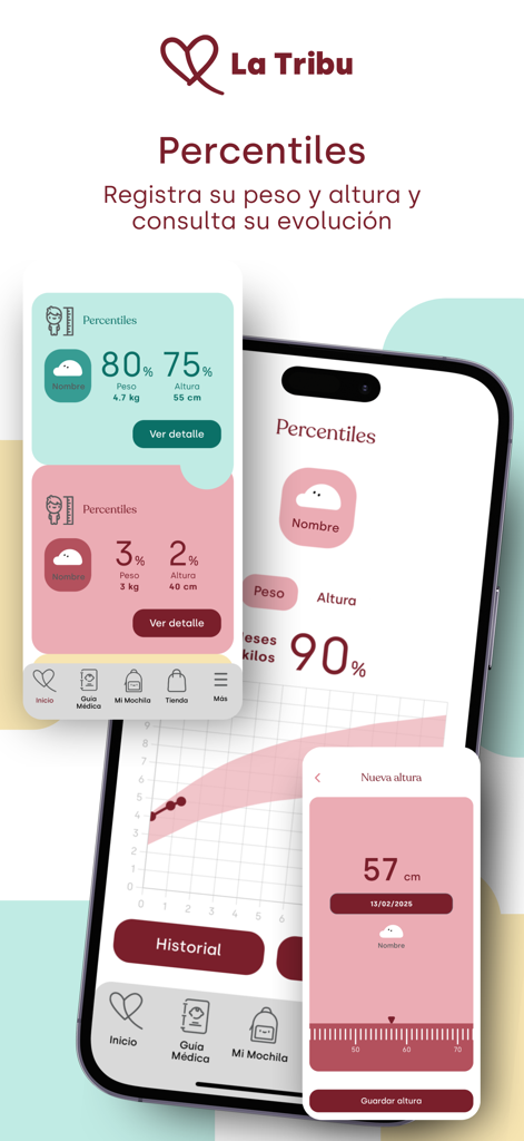 A mobile interface from the La Tribu app showing child growth percentile charts for weight and height.